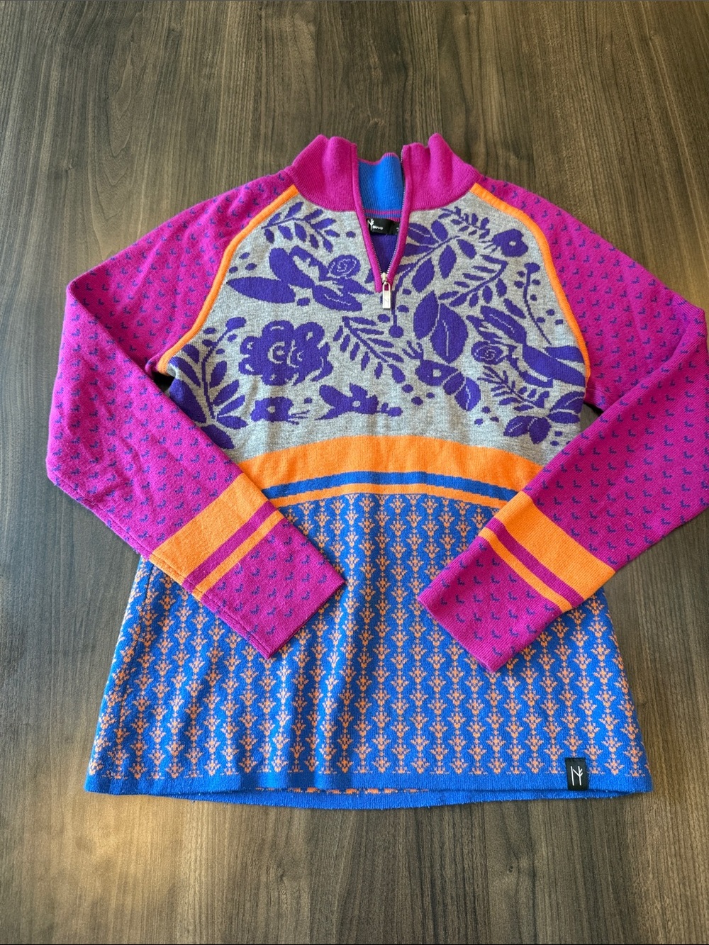 Neve Merino Wool Quarter Zip Sweater Size M Colorful Floral Ski